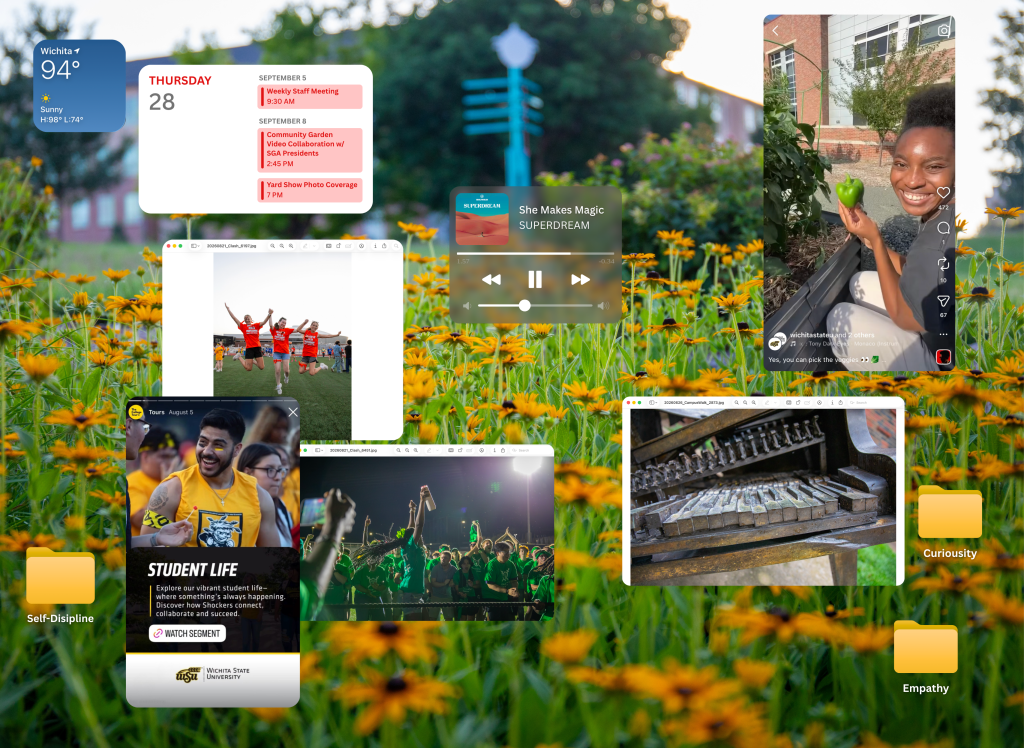 Desktop-style collage over a field of yellow flowers on campus, featuring floating windows and widgets that highlight Wichita State student life. Elements include a weather widget, calendar reminders, music player, social media post from a community garden, College Tour student life content, photos from campus events and competitions, and folders labeled “Self-Discipline,” “Curiosity,” and “Empathy.”