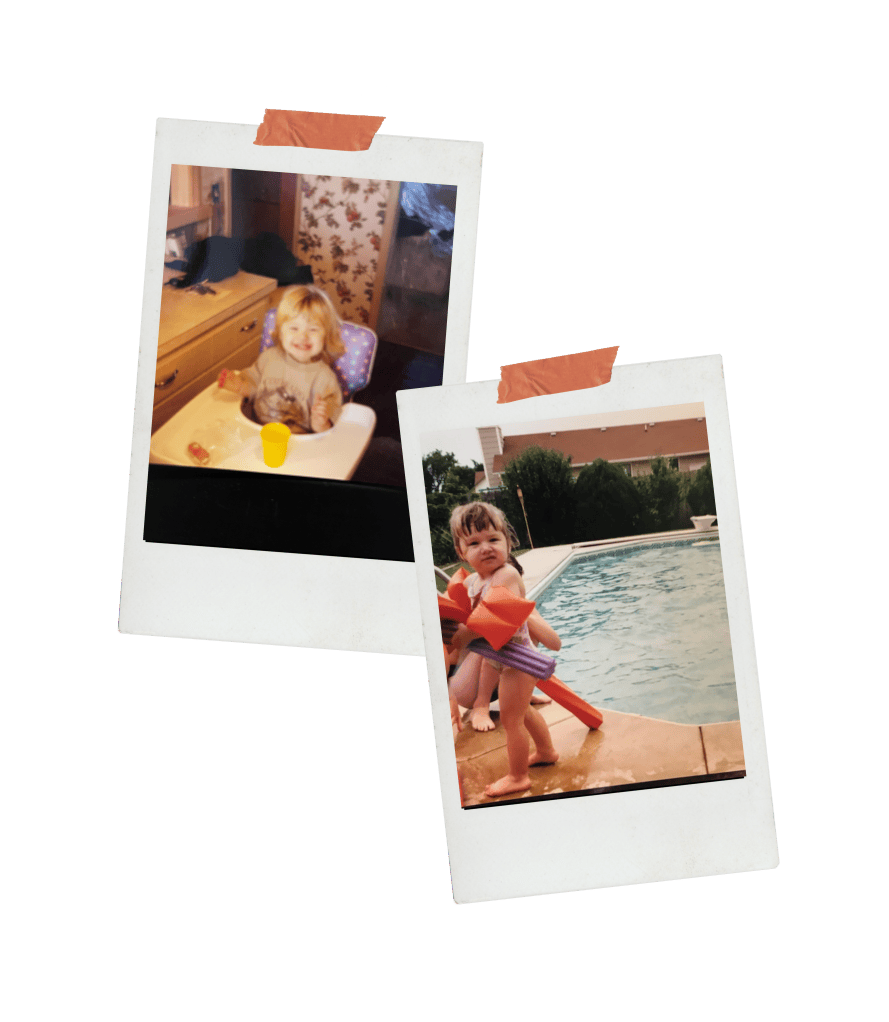 Two vintage-style Polaroid photos taped to a dark red background, showing a young child seated at a table and standing beside a swimming pool wearing flotation devices.