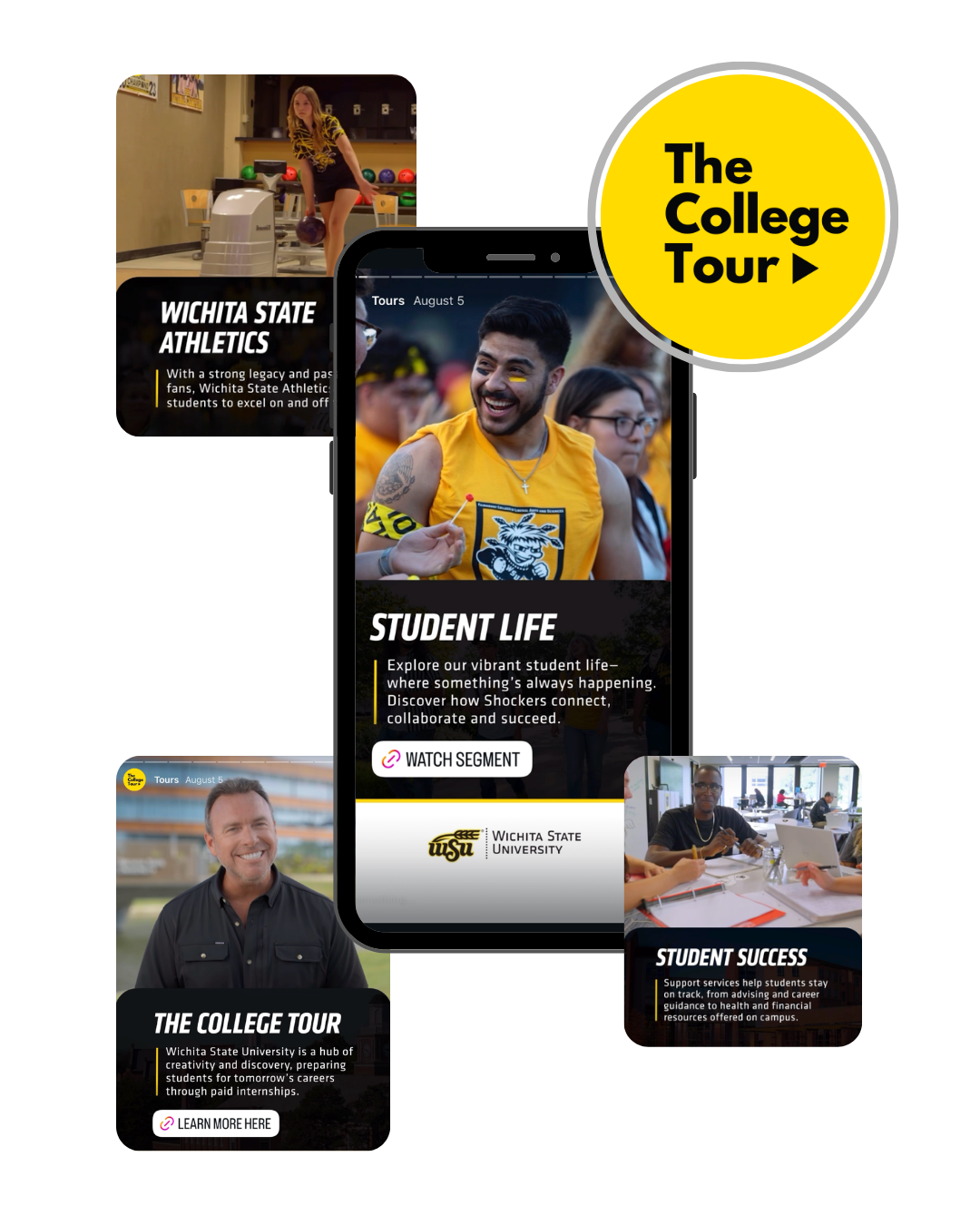 Promotional graphic for Wichita State University’s College Tour feature, showing a smartphone displaying a Student Life segment, surrounded by preview images highlighting athletics, student success, and campus experiences. The College Tour logo appears in the upper-right corner.