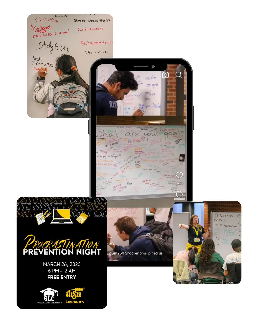 Promotional graphic for Wichita State Libraries’ Procrastination Prevention Night, featuring a smartphone-style social media post showing students writing goals on whiteboards and participating in study activities. Surrounding images show students creating study plans, attending a workshop, and collaborating in a classroom. An event flyer advertises “Procrastination Prevention Night,” March 26, 2025, from 6 p.m. to midnight, with free entry.